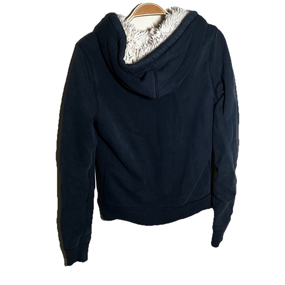 Hollister Y2K Navy Graphic Logo Fur Hoodie Size L Zip Up 00s Warm Heavy Nostalgi - Picture 6 of 9